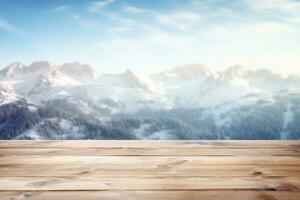 di legno pavimento e nevoso paesaggio con astratto sfocato inverno montagne. generativo ai foto