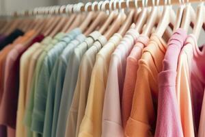 colorato Abiti su un' capi di abbigliamento cremagliera, pastello colorato guardaroba nel un' shopping memorizzare o Camera da letto, arcobaleno colore Abiti scelta su grucce, casa armadio concetto Immagine. ai generativo foto