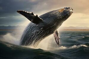 gobba balena salti su di il acqua. 3d rendere, salto gobba balena al di sopra di acqua, ai generato foto