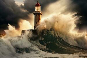 tempestoso mare con grande onde e faro. 3d rendere illustrazione, faro colpire di massiccio onda, ai generato foto