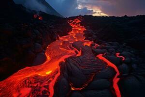 vulcanico paesaggio di etna vulcano a Alba, sicilia, Italia, lava fluente lava in un' montagna, ai generato foto