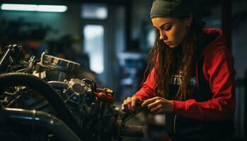 femmina meccanico riparazione auto nel laboratorio generativo ai foto