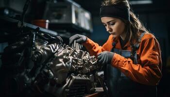 femmina meccanico riparazione auto nel laboratorio generativo ai foto