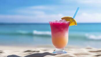 cocktail bicchiere su il sabbioso spiaggia vicino il mare nel estate volta. generativo ai foto