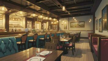 ristorante ristorante con di legno mobilia grafico romanzo anime manga sfondo foto