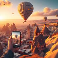 maestoso avventura, esplorando il cieli sopra Cappadocia nel un' caldo aria Palloncino. ai generato foto