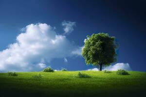 verde campo e albero su blu cielo. ai generativo foto