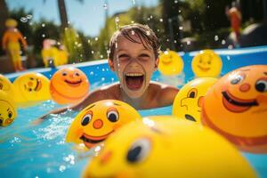 ragazza giocando nel un' acqua piscina con costumi da bagno foto