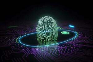 impronta digitale autenticazione pulsante. biometrico sicurezza. identificazione e informatica sicurezza concetto. raggiante neon impronta digitale su buio sfondo. ai generativo foto