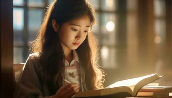 asiatico ragazza lettura un' libro nel il biblioteca foto