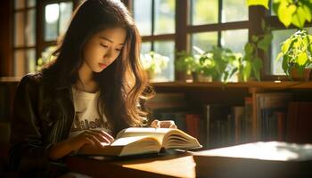 bellissimo asiatico ragazza lettura un' libro nel il biblioteca generativo ai foto