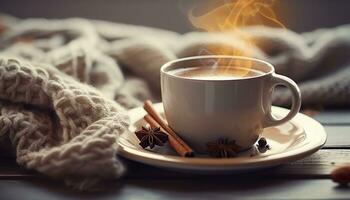 tazza di cottura a vapore tè caffè, a maglia lenzuolo, e cannella anice. generativo ai foto