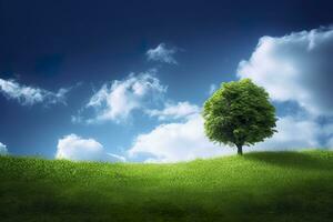 verde campo e albero su blu cielo. ai generativo foto