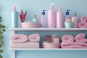 un' pastello bagno mensola con rosa cura della pelle prodotti, copia spazio, striscione, rosa e pastello blu luminosa tavolozza, barbiecore. ai generativo foto