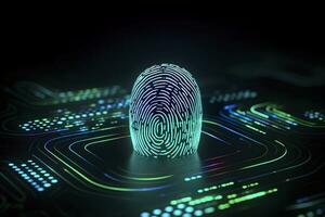 impronta digitale autenticazione pulsante. biometrico sicurezza. identificazione e informatica sicurezza concetto. raggiante neon impronta digitale su buio sfondo. ai generativo foto