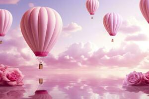 luminosa rosa etereo nuvoloso paesaggio, cuori, Rose, palloncini, e nozze concetto. generativo ai foto