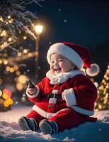 ai generativo, carino ragazzo nel Santa Claus costume su sfocato nevoso Natale vigilia sfondo foto