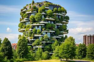 moderno appartamento edificio nel il città. bellissimo paesaggio con verde alberi, ecofriendly edificio nel il moderno città, ai generato foto