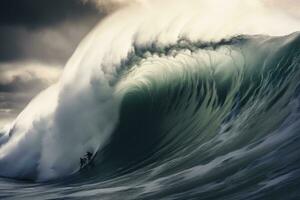 surfer su blu oceano onda, bali isola, Indonesia, estremo surfers fare surf su il enorme mare onde, posteriore Visualizza, no visibile facce, ai generato foto