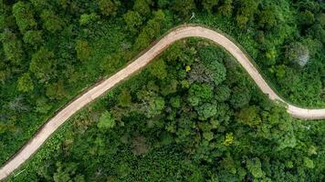 aereo Visualizza a partire dal fuco di montagna strada con sole splendente nel foresta. superiore Visualizza di un' strada su un' collina nel un' bellissimo lussureggiante verde foresta nel Tailandia. naturale paesaggio sfondo. foto