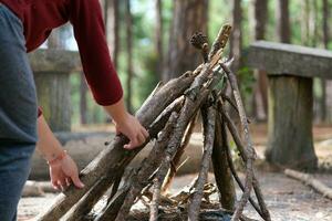 carino poco sorelle fabbricazione fuoco di bivacco su natura boschi. bambini avendo divertimento a campo fuoco. campeggio con bambini nel inverno pino foresta. contento famiglia su vacanza nel natura. foto