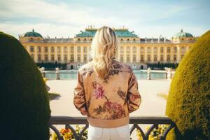 bellissimo bionda ragazza nel davanti di il Schönbrunn palazzo nel vienna, Austria, femmina turisti in piedi nel davanti di il Schönbrunn reale palazzo giardino e godendo il Visualizza, posteriore Visualizza, ai generato foto