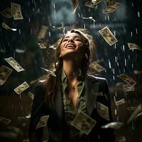 attraente giovane donna sta sotto i soldi volare piovere, ai generato foto