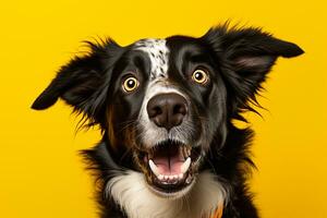 un' cane con un' scioccante viso nel davanti di un' giallo sfondo, un' cane con suo bocca aprire, generativo ai foto