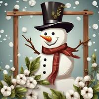 pupazzo di neve con sciarpa e cappello su nevoso sfondo. Natale carta. su un' sfondo di un' inverno paesaggio generare di stabile diffusione ai foto