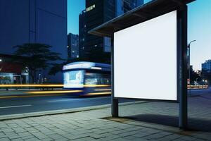 un Immagine di un' autobus fermare con un' vuoto tabellone su il lato di il strada, generativo ai foto