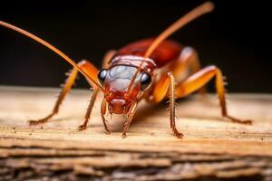 un' avvicinamento di un' scarafaggio su un' pezzo di Di legno, un' macro Immagine di un' scarafaggio, generativo ai foto