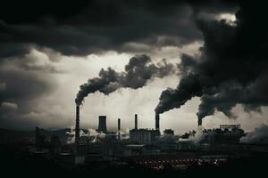 un' nero e bianca Immagine di Fumo In arrivo su di un' fabbrica, aria inquinamento, globale riscaldamento, generativo ai foto
