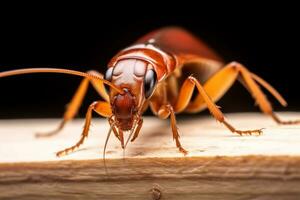 un' avvicinamento di un' scarafaggio su un' pezzo di Di legno, un' macro Immagine di un' scarafaggio, generativo ai foto