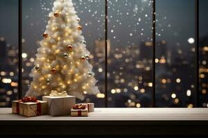 Natale e nuovo anno sfondo, un' tavolo con un' Natale albero e regalo scatole, generativo ai foto