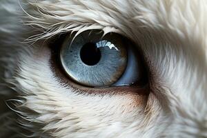 un' avvicinamento di un' bianca leone occhio, generativo ai foto