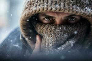 uomo con guanti su copertura il suo viso nel inverno nel un' città su il moda stile bokeh sfondo foto