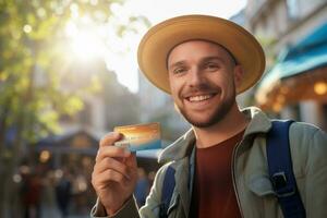 maschio turista Tenere credito carta su bokeh città sfondo foto