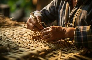 avvicinamento di mani lavorazione un' di legno cestino foto