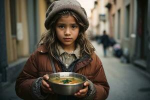 senza casa povero ragazza Tenere un' ciotola di la minestra nel sua mani. il problema di povertà e fame, profughi. ai generativo foto