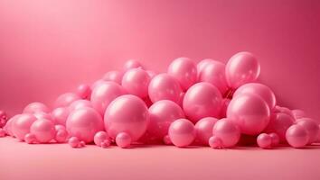 bandiera rosa metallizzato lucido plastica palle. bellissimo luminosa sfondo, un' montagna di rosa palloncini su un' luminosa rosa sfondo, vacanza, carnevale, saldi. ai generativo foto