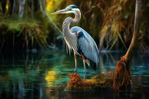 grande blu airone ardea erodiade nel il natura, grande blu airone nel Everglades nazionale parco, Florida, Stati Uniti d'America, ai generato foto