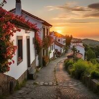 ai generato affascinante portoghese villaggio con colorato case, fioritura fiori, e un' panoramico strada scomparsa in il distanza a alba ai generato foto