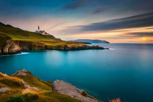 il faro a tramonto su il costa di Irlanda. ai-generato foto