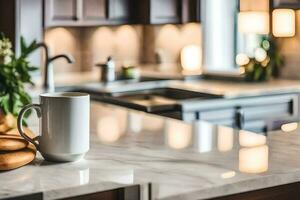 un' caffè tazza si siede su un' contatore nel un' cucina. ai-generato foto