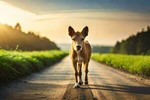 un' cavallo a piedi giù un' strada a tramonto. ai-generato foto