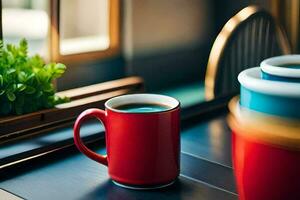 un' rosso caffè boccale su un' tavolo vicino un' finestra. ai-generato foto