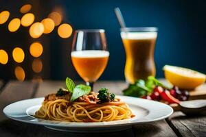 spaghetti con carne e verdure su un' piatto. ai-generato foto