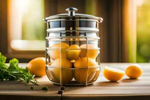 un' bicchiere vaso pieno con limoni e prezzemolo. ai-generato foto