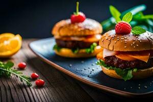 Due hamburger con formaggio e frutti di bosco su un' piatto. ai-generato foto