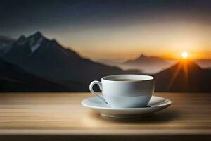 caffè tazza su il tavolo con montagne nel il sfondo. ai-generato foto